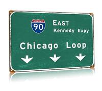 Chicago Loop - Targa in metallo vintage, motivo: Interstate 90 East Kennedy, cartello stradale con città, strada, aeroporto, autostrada, bar, club, decorazione da parete per camera da letto, 30,5 x