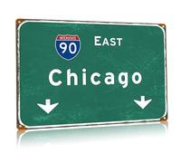 Chicago Road Targa in metallo Interstate 90 East Directional Sign City Highway Directional Targa in latta per aeroporto, club, fattoria, decorazione da parete, 20 x 30 cm