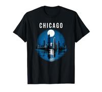 Chicago Skyline con Luna e riflessi notturni Maglietta