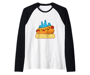 Chicago, Stile, Hot Dog, e, Skyline Città, Retro, Cartone Animato, Grafica Maglia con Maniche Raglan