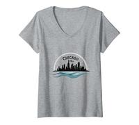 Chicago Vibes, Orizzonte, Lago, Michigan, Urbano, Orgoglio Maglietta con Collo a V, Donna, Grigio Melange, XL