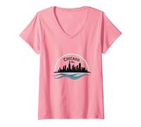 Chicago Vibes, Orizzonte, Lago, Michigan, Urbano, Orgoglio Maglietta con Collo a V, Donna, Rosa, L