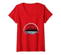 Chicago Vibes, Orizzonte, Lago, Michigan, Urbano, Orgoglio Maglietta con Collo a V, Donna, Rosso, XL