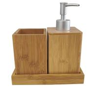 CHICAMPERA 1set Accessori Bagno in Bambù Elegante e Resistente con Dispenser Sapone Liquido Porta Spazzolino e Bicchiere Risciacquo Facile da Pulire e Durevole per Uso Domestico e Bagno