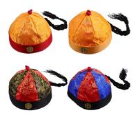 CHICAMPERA 4 Pezzi Cappelli Vintage con Trecce per Cosplay, Copricapo Reale Stile Qing, Cappelli da Costume per Prestazioni Teatrali, Accessori Decorativi con Broccato Lucido, Taglia Adulta
