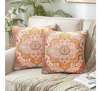 Chicamy Set di 2 Federe Cuscini Divano Lino 50x50 Biancheria Copricuscini Vintage Quadrate Stile Etnico Federa per Cuscini Motivo Tappeto Copri Cuscino Federa Decorativa per Soggiorno Sedia Letto