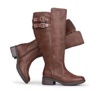 Chicblooms Stivali da donna con polpaccio extra largo, tacco a blocco, fibbia sovrapposta, elastico nascosto, al ginocchio, marrone, 39 EU