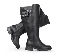 Chicblooms Stivali da donna con taglio extra largo, tacco a blocco, fibbia impilata, elastico nascosto, altezza al ginocchio, Nero , 41 EU