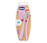 Chicco Cucchiaino Svezzamento in Silicone, Set 2 Cucchiai Morbidi per Neonati e Bambini, Delicati e Flessibili, con Impugnatura Ergonomica e Manico Lungo Curvato, 2 Pezzi - 6+ Mesi, Rosa