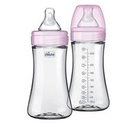 Chicco Duo, bibiberon ibrido da 266 ml, con vetro Invinci/esterno in plastica, confezione da 2, a flusso lento, capezzolo anti-colico, rosa