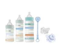 Chicco Kit Biberon con biberon Benessere da 150 ml, 250 ml e 330 ml, ciuccio Physio Soft in silicone con tettarella PhysioForma 0-6 mesi, ciuccio blu