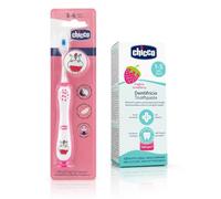 Chicco Kit Igiene Orale Spazzolino e Dentifricio Fragola 1-5 Anni | Setole Extra Morbide, Fluoro e Xilitolo, Impugnatura Ergonomica, Bassa Abrasività, Previene Placca e Carie