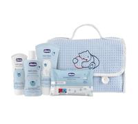 CHICCO Natural Sensation, Set per Cambio Pannolino e Bagnetto con Beauty Case in Cotone, Bagno Shampoo Senza Lacrime 200 ml, Crema Corpo 150 ml, Pasta Lenitiva 100 ml, Salviette Detergenti, Azzurro