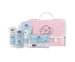 CHICCO Natural Sensation, Set per Cambio Pannolino e Bagnetto con Beauty Case in Cotone, Bagno Shampoo Senza Lacrime 200 ml, Crema Corpo 150 ml, Pasta Lenitiva 100 ml, Salviette Detergenti, Rosa
