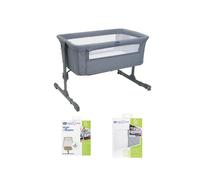 Chicco Next2Me Essential Starter Bundle con Next2Me Essential Comodino Culla, Coprimaterasso Night Breeze e Culla Set 2 Pezzi 2 Lenzuola Grigio Fox