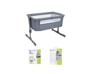 Chicco Next2Me Essential Starter Bundle con Next2Me Essential Comodino Culla, Coprimaterasso Night Breeze e Culla Set 2 Pezzi 2 Lenzuola Grigio Fox