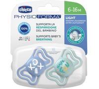 CHICCO PhysioForma Light Ciuccio Neonato 6-16 Mesi Succhietto con Tettarella in Silicone Set 2 Gommottini Forma Ergonomica colore Azzurro