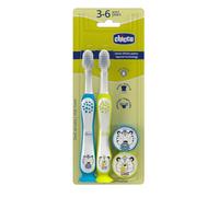 Chicco Set 2 Spazzolini da Denti per Bambini con Ventosa, Testina Arrotondata, Setole Morbide Delicate su Gengive e Dentini, Ampio Manico Antiscivolo, Coprisetole Incluso, 3-6 Anni, 2 Pezzi, Bimbo