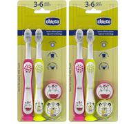 Chicco Set 2 Spazzolini da Denti per Bambini con Ventosa, Testina Arrotondata, Setole Morbide Delicate su Gengive e Dentini, Ampio Manico Antiscivolo, Coprisetole Incluso, 3-6 Anni, 2 Pezzi, Bimba