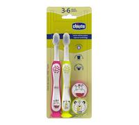 Chicco Set 2 Spazzolini da Denti per Bambini con Ventosa, Testina Arrotondata, Setole Morbide Delicate su Gengive e Dentini, Ampio Manico Antiscivolo, Coprisetole Incluso, 3-6 Anni, 2 Pezzi, Bimba