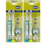 Chicco Set 2 Spazzolini da Denti per Bambini con Ventosa, Testina Arrotondata, Setole Morbide Delicate su Gengive e Dentini, Ampio Manico Antiscivolo, Coprisetole Incluso, 3-6 Anni, 2 Pezzi, Bimbo
