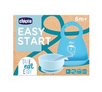 Chicco Set Pappa Silicone Easy Start, Set Pappa Bambino Antiscivolo, Senza BPA, Set Svezzamento 3 Pezzi Composto Da Bavaglino Rigido Easy Roll, Ciotola Easy Con Ventosa e Cucchiaino, 6M+, Azzurro
