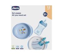 Chicco Set Pappa 12M+, Contiene 1 Tazza, Set di 2 Piatti e Posate, Forchetta e Cucchiaio, Set Svezzamento Bambini, Azzurro, Bimbo