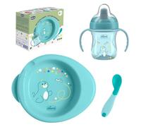 Chicco Set Pappa Completo 6 Mesi+, Tazza Training Cup, Primo Cucchiaio e Piatto Pappa Calda, Kit Svezzamento Antiscivolo, 0% BPA, Azzurro, Idea Regalo Bimbo