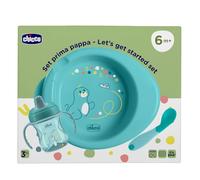 Chicco Set Pappa Composto da Tazza Training Cup, Primo Cucchiaio, Piatto Pappa Calda, Età 6 Mesi +, 0% BPA, Azzurro