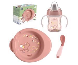 Chicco Set Pappa Completo 6 Mesi+, Tazza Training Cup, Primo Cucchiaio e Piatto Pappa Calda, Kit Svezzamento Antiscivolo, 0% BPA, Rosa, Idea Regalo Bimba