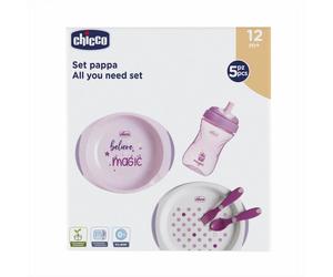 Chicco Set pappa completo rosa 12m+ - Set da tavola per imparare a mangiare da soli, 5 pezzi