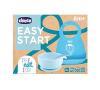 Chicco Set Pappa Silicone Easy Start, Set Pappa Bambino Antiscivolo, Senza BPA, Set Svezzamento 3 Pezzi Composto Da Bavaglino Rigido Easy Roll, Ciotola Easy Con Ventosa e Cucchiaino, 6M+, Azzurro