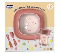 Chicco Set Pappa, Contiene 1 Tazza, Set di 1 Ciotola e 1 Piatto Piano e Posate, Forchetta e Cucchiaio, Set Svezzamento Bambini, 12M+, Rosa