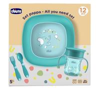 Chicco Set Pappa, Contiene 1 Tazza, Set di 1 Ciotola e 1 Piatto Piano e Posate, Forchetta e Cucchiaio, Set Svezzamento Bambini, 12M+, Azzurro