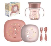 Chicco Set Pappa, Contiene 1 Tazza, Set di 1 Ciotola e 1 Piatto Piano e Posate, Forchetta e Cucchiaio, Set Svezzamento Bambini, 12M+, Rosa