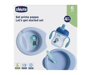 Chicco Set Pappa Svezzamento Composto da Tazza Training Cup Primo Cucchiaio due Piatti 6 Mesi +Blu