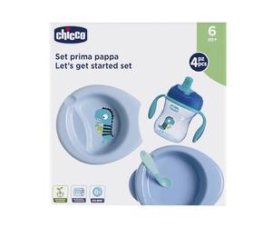 Chicco Set per la Pappa Composto da Tazza Training Cup, Primo Cucchiaio, Piatto Pappa Calda, Piatto Pappa Facile, Età 6 Mesi +, Blu, Versione per Bimbo