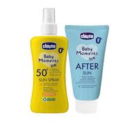 Chicco Set Protezione Solare da Viaggio, composto da Latte Spray SPF50+ 150ML e Latte Doposole Rinfrescante 150ML, per la Pelle Sensibile del Bambino, Resistente all'Acqua, 0 Mesi+
