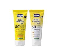 Chicco Set Protezione Solare da Viaggio, Crema Solare SPF50+ 75ML e Crema Solare Minerale SPF50+ 75ML, per la Pelle Sensibile del Bambino, Resistente all'Acqua, 0 Mesi+