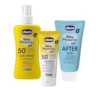 Chicco Set Protezione Solare da Viaggio, Latte Spray SPF50+ 150ML,Crema Solare Minerale SPF50+ 75ML e Latte Doposole Rinfrescante 150ML,per Pelle Sensibile del Bambino, Resistente all'Acqua,0 Mesi+