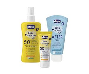 Chicco Set Protezione Solare da Viaggio, Latte Spray SPF50+ 150ML,Crema Solare Minerale SPF50+ 75ML e Latte Doposole Rinfrescante 150ML,per Pelle Sensibile del Bambino, Resistente all'Acqua,0 Mesi+