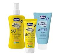 Chicco Set Protezione Solare da Viaggio, Latte Spray SPF50+ 150ML, Crema Solare SPF50+ 75ML e Latte Doposole Rinfrescante 150ML, per Pelle Sensibile del Bambino, Resistente all'Acqua, 0 Mesi+