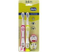 Chicco Set 2 Spazzolini da Denti per Bambini con Ventosa, Testina Arrotondata, Setole Morbide Delicate su Gengive e Dentini, Ampio Manico Antiscivolo, Coprisetole Incluso, 3-6 Anni, 2 Pezzi, Bimba