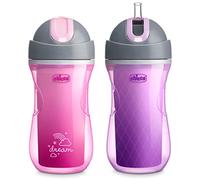 Chicco Tazza termica a doppia parete con cannuccia in silicone e coperchio antigoccia, 255 ml, lavabile in lavastoviglie, facile da tenere con rientranze ergonomiche, rosa sogno/viola, 2 pezzi, 12+
