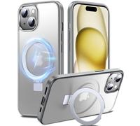 Chicfun 3 in 1 Cover per iPhone 15 con Supporto Compatible con MagSafe, NO.1 Protezione di Grado Militare Custodia 15 Cover Case Silicone Antiurto Magnetica Traslucida Rigida Grigio