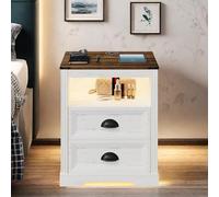 ChicFurnit Comodino, comodino con stazione di ricarica USB, illuminazione dimmerabile a 3 colori e 2 cassetti, comodino da 48 cm con ripiano aperto, sensore umano e maniglie in metallo nero, bianco e