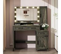 ChicFurnit Vanity - Vanity Vanity, scrivania con specchio quadrato, regolazione dell'illuminazione tricolore e stazione di ricarica integrata, vanità della fattoria con 2 cassetti, armadietto laterale