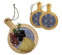 ChicHouse Set 2pcs mini taglieri da cucina in legno con manico ideali per piccoli antipasti, formaggi, salumi o come salva superfici e sottopentola. (2, Fantasia Blu, Rotondo 20.5x14.5x1 cm)