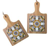 ChicHouse Set 2pcs mini taglieri da cucina in legno con manico ideali per piccoli antipasti, formaggi, salumi o come salva superfici e sottopentola. (2, Verde e Giallo, Quadrato 19.6 x 12.3 x 1 cm)