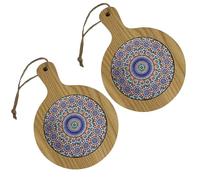 ChicHouse Set 2pcs mini taglieri da cucina in legno con manico ideali per piccoli antipasti, formaggi, salumi o come salva superfici e sottopentola. (2, Fiore Verde Acqua, Rotondo 20.5x14.5x1 cm)